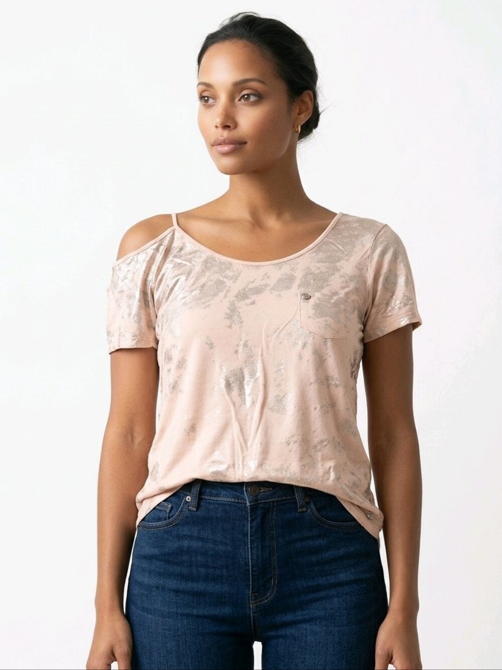 Point Zero Blush Cold-Shoulder Metallic Accent Short Sleeve Top